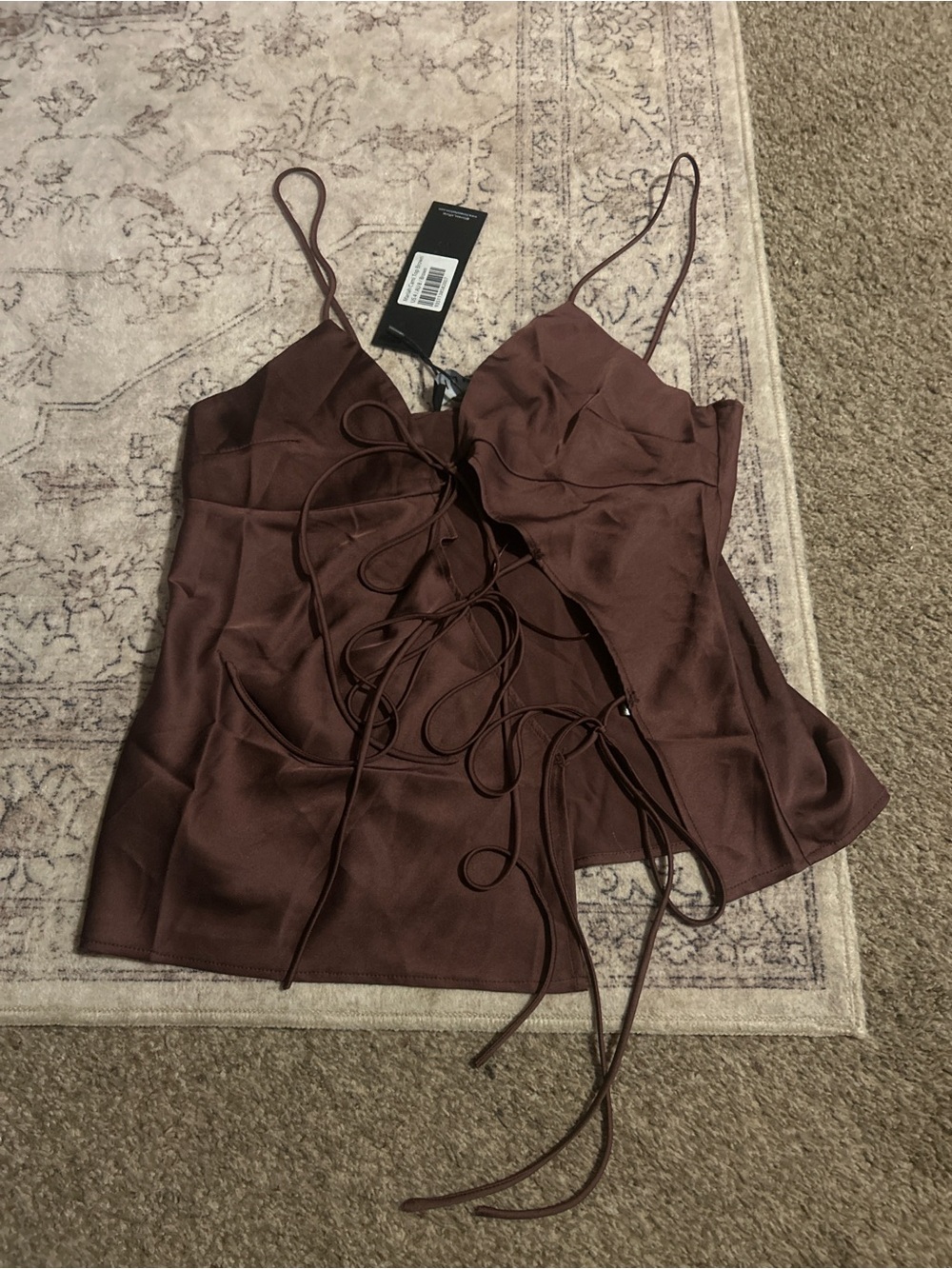 Lioness Mariah Cami Top Brown Size Small US 4 NWT Satin Lace Up Asymmetrical